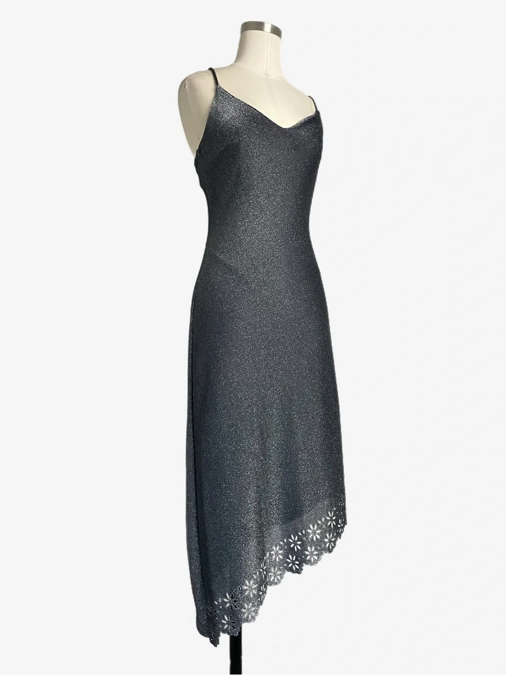 Vintage Y2K Rampage Silver metallic floral laser cut asymmetric slip dress S/M